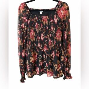 EST 1946 Floral Smocked Peplum Blouse XL Black Burgundy Sheer Sleeve Boho Top